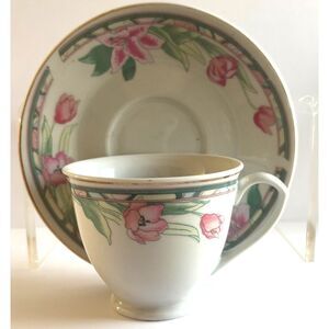 Vintage Art Deco Teacup Saucer Set Floral Pastel Green Pink Gold Trim Porcelain
